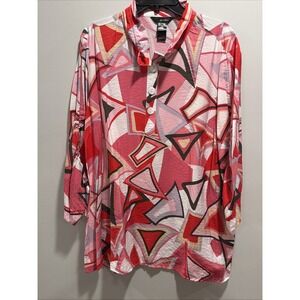 Ali Miles Women's NWT XL Multicolor Abstract 1/4 Button Up Cinch Sleeve Blouse